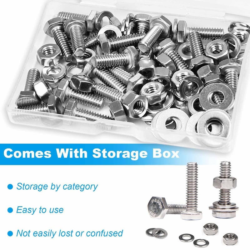 Yinpecly 20 Sets 1/4-20 x 2 Hex Head Screw Bolt, Nuts, Flat & Lock Washers, Stainless Steel 304, Machine Fully Thread Hex Bolts, Bright Finish Hexagon Bolt, Nuts and Bolts Assortment Kit - Image 5